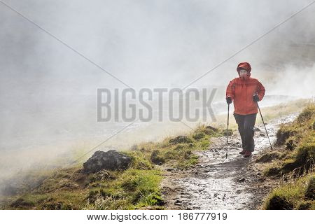 Hiking along Hot River in Reykjadalur Valley in South Iceland