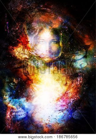 Goodnes woman and lion and light mandala. Cosmic Space background. eye contact