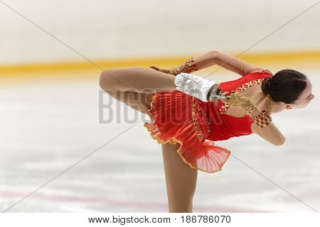 ST. PETERSBURG, RUSSIA - APRIL 18, 2017: Ladies' single figure skating competitions on prix of SPb Federation of Figure Skating. 150 athletes from 6 regions of Russia take part in the competitions
