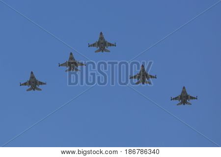 BEER SHEBA, ISRAEL - MAY 2, 2017: F-16C/D Fighting Falcon supersonic multirole fighter aircraft during Israel's Annual Independence Day Air Force Flyover in Beer Sheba