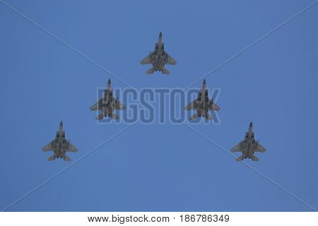 BEER SHEBA, ISRAEL - MAY 2, 2017: F-35I Stealth Fighters during Israel's Annual Independence Day Air Force Flyover in Beer Sheba