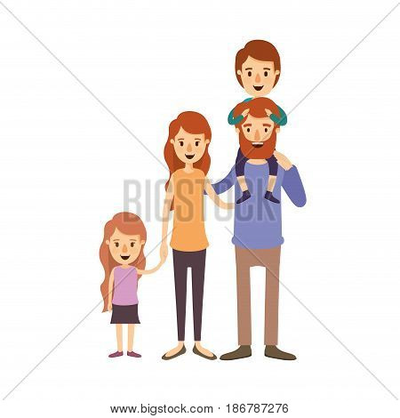 colorful image caricature big family parents with boy on his back and daugther taken hands vector illustration