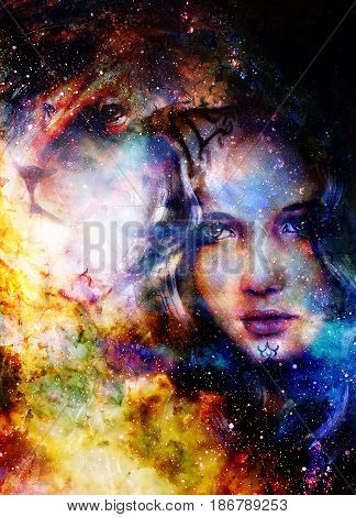 Goodnes woman and lion. Cosmic Space background