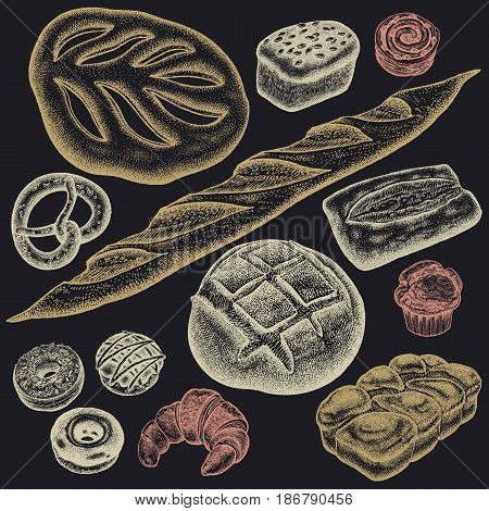 Bakery set. Bread white and black, brioche, ciabatta, croissant, French baguette, bun, pretzel, donut, muffin, loaf color chalk on a black board. Vector food illustration art. Vintage engraving.