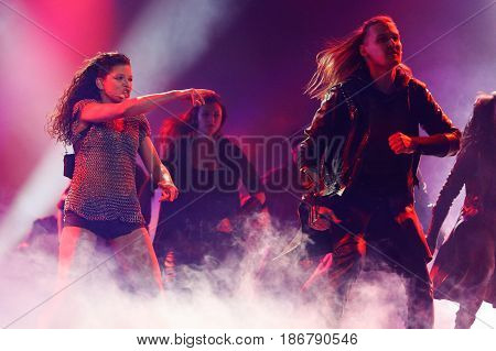 KYIV UKRAINE - MAY 12 2017: Ruslana from Ukraine at the Grand Final rehearsal during Eurovision Song Contest in Kyiv Ukraine