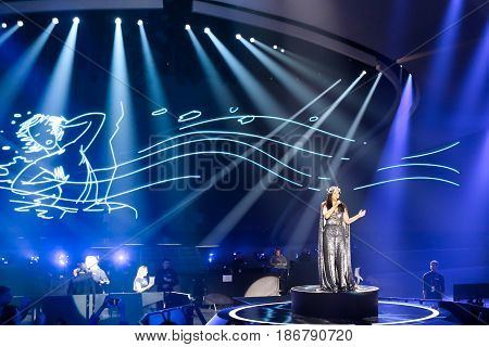 KYIV UKRAINE - MAY 12 2017: Jamala from Ukraine at the Grand Final rehearsal during Eurovision Song Contest in Kyiv Ukraine