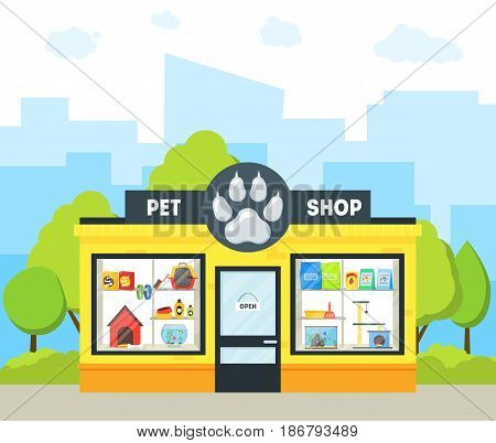 Cartoon Pet Shop Building Exterior Facade Domestic Animal Store on a Urban Street. Vector illustration