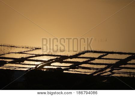 Vintage saltmine at sunset with orange water