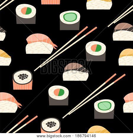 Seamless pattern with different types of sushi. Japanese food sushi roll vector background.