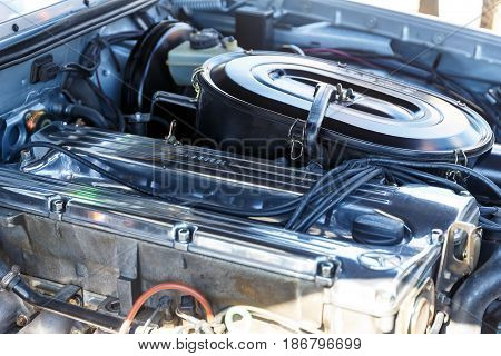 Under the hood of a retro or classic old car