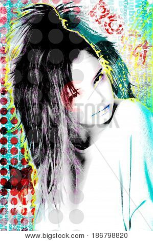 Illustrated Portrait Of A Young Girl Decorated In A Modern Style Pop Art..