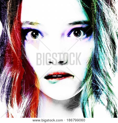 Multi-colored Portrait Of A Young Girl Decorated In A Modern Style Pop Art..