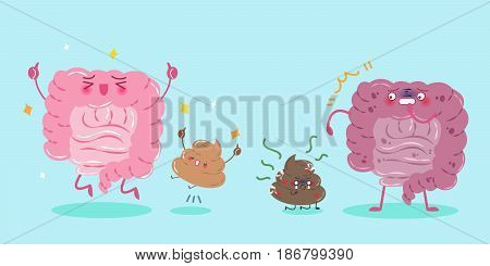 cute cartoon healthy and unhealthy intestine with on green background