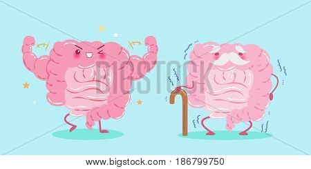 cute cartoon intestine with health concept on green background