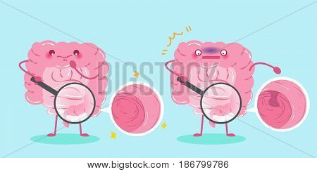 cute cartoon intestine use magnifying to check health concept