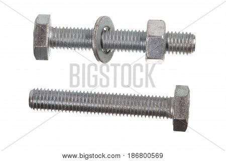 Two metal bolts with nut and shim isolated on white background