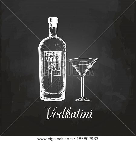 Hand sketched vodka bottle and vodkatini glass. Alcoholic drink drawing on chalkboard. Vector illustration of traditional cocktail for cafe, bar, restaurant menu.