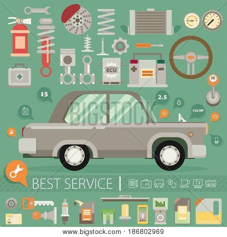 Flat vector icons and illustrations repair of machines and equipment. Old car repair.