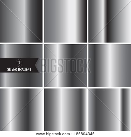 Set of silver foil texture background. Collection grey, chrome  vector elegant gradient. Aluminum industrial pattern design.