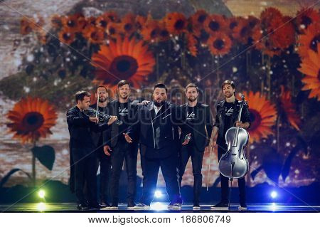 KYIV UKRAINE - MAY 12 2017: Jacques Houdek from Croatia at the Grand Final rehearsal during Eurovision Song Contest in Kyiv Ukraine