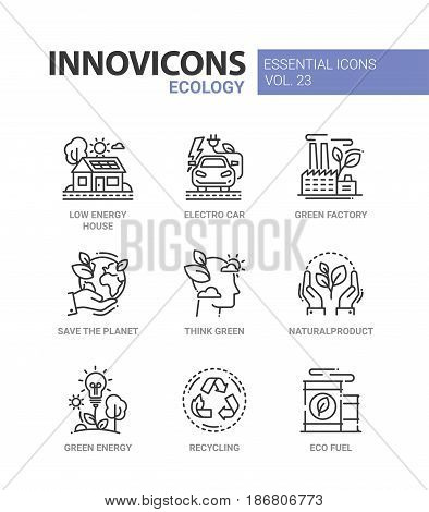 Ecology - modern color vector single line icons set. Low energy house, electro car, green factory, save the planet, think green, natural product, recycle, eco fuel