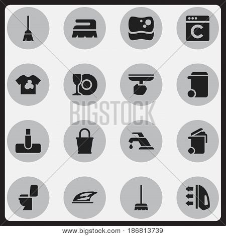 Set Of 16 Editable Hygiene Icons. Includes Symbols Such As Laundress, Broomstick, Unclean Blouse And More. Can Be Used For Web, Mobile, UI And Infographic Design.