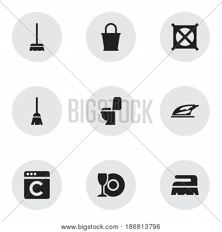Set Of 9 Editable Cleaning Icons. Includes Symbols Such As Laundress, Sweep, Plate And More. Can Be Used For Web, Mobile, UI And Infographic Design.