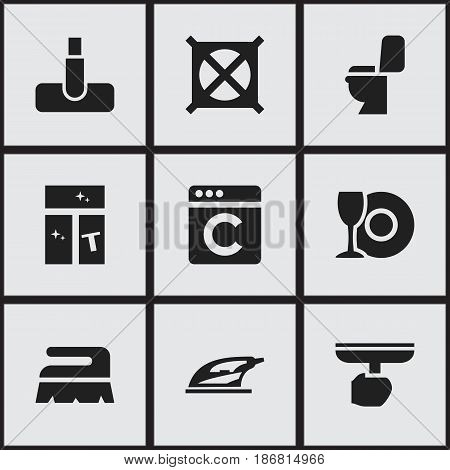 Set Of 9 Editable Dry-Cleaning Icons. Includes Symbols Such As Laundress, Hoover, Plate And More. Can Be Used For Web, Mobile, UI And Infographic Design.