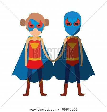 colorful silhouette with faceless duo of superheroes united of the hands and her with collected hair with shading vector illustration