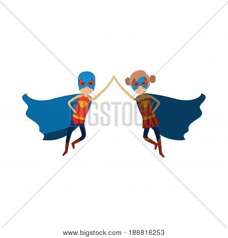 colorful silhouette with faceless duo of superheroes flying united of the hands and her with collected hair and shading vector illustration
