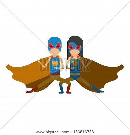 colorful silhouette with faceless duo of superheroes in defensive pose and her with straight long hair and shading vector illustration