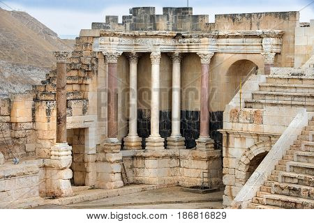 ancient street and columns in archaeological site Scythopolis, Beit Shean National Park, Israel