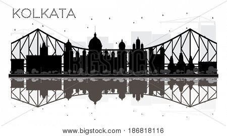 Kolkata City skyline black and white silhouette with reflections. Simple flat concept for tourism presentation, banner, placard or web site. Cityscape with landmarks