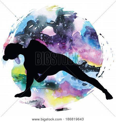 Women silhouette on galaxy astral background. Fully Bound Side Angle Yoga Pose Baddha Parsvokanasana Vector illustration