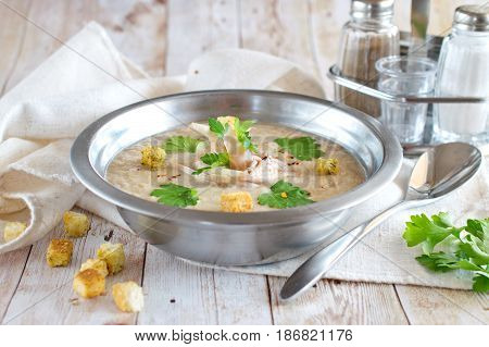 Chicken soup puree with mushrooms and cream. Healthy eating concept