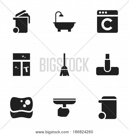Set Of 9 Editable Cleanup Icons. Includes Symbols Such As Broomstick, Bathroom, Container And More. Can Be Used For Web, Mobile, UI And Infographic Design.