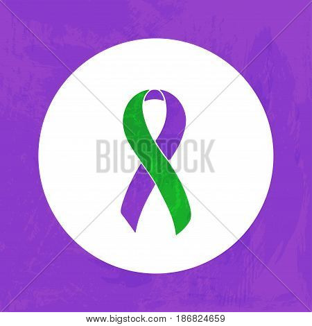 Awareness Purple and Green ribbon. Stickler Syndrom, Schizencephaly. Isolated icon. Watercolor painted background