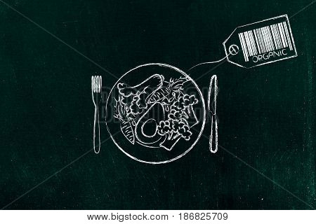 Vegan Dish With Organic Price Tag With Code Bar
