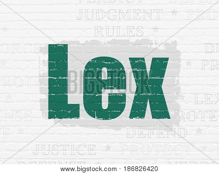 Law concept: Painted green text Lex on White Brick wall background with  Tag Cloud