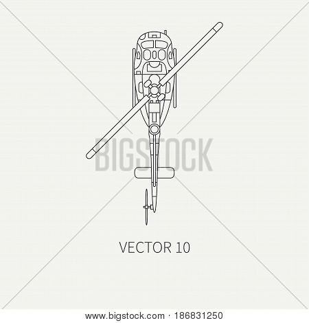 Line flat vector icon military turboprop transportation helicopter. Army equipment and armament. Retro copter. Aircraft. Cartoon. Assault. Soldiers. War. Illustration and element for design, wallpaper