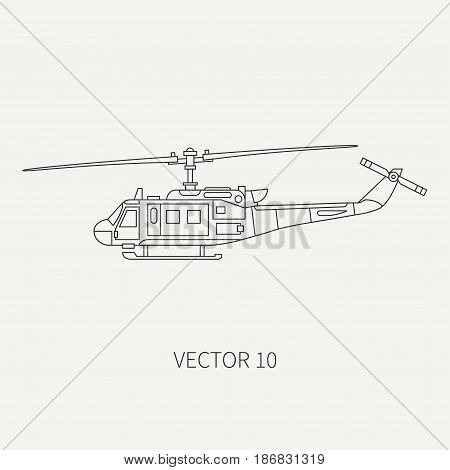 Line flat vector icon military turboprop transportation helicopter. Army equipment and armament. Retro copter. Aircraft. Cartoon. Assault. Soldiers. War. Illustration and element for design, wallpaper