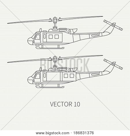Line flat vector icon set military turboprop transportation helicopter. Army equipment and armament. Retro copter. Aircraft. Cartoon. Assault. Soldiers. Illustration and element for design, wallpaper.