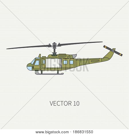 Line flat color vector icon military turboprop transportation helicopter. Army equipment and armament. Retro copter. Cartoon. Assault. Soldiers. War. Illustration and element for design, wallpaper.