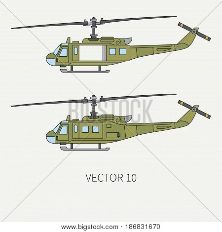 Line flat color vector icon set military turboprop transportation helicopter. Army equipment and armament. Retro copter. Cartoon. Assault. Soldiers. War. Illustration and element for design, wallpaper