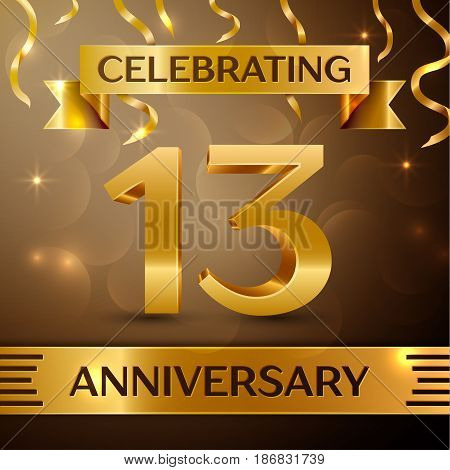 Thirteen Years Anniversary Celebration Design. Confetti and gold ribbon on golden background. Colorful Vector template elements for your birthday party. Anniversary ribbon