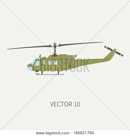 Plain flat color vector icon military turboprop transportation helicopter. Army equipment and armament. Retro copter. Cartoon. Assault. Soldiers. War. Illustration and element for design, wallpaper.
