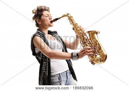 Female punker playing a saxophone isolated on white background