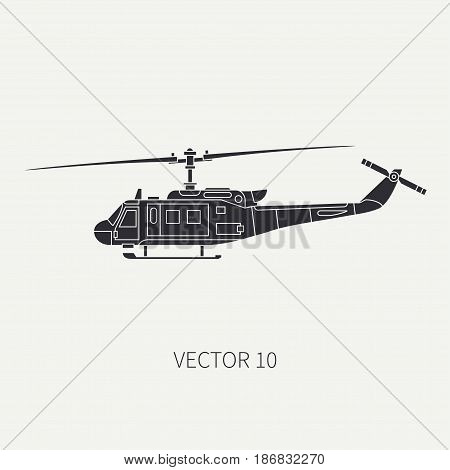 Silhouette. Line flat vector icon military turboprop transportation helicopter. Army equipment and armament. Retro copter. Cartoon. Assault. Soldiers. Illustration and element for design, wallpaper.