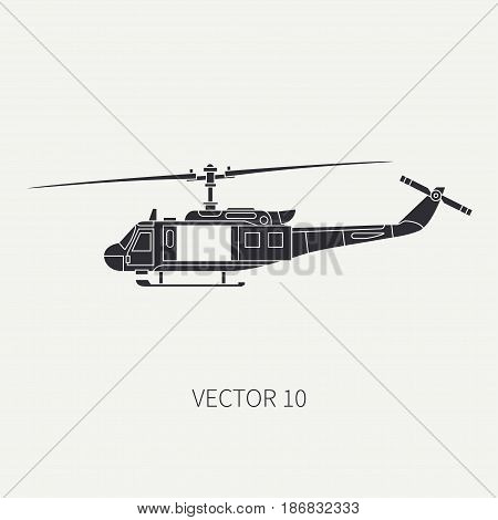 Silhouette. Line flat vector icon military turboprop transportation helicopter. Army equipment and armament. Retro copter. Cartoon. Assault. Soldiers. Illustration and element for design, wallpaper.