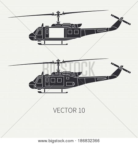 Silhouette. Line flat vector icon set military turboprop transportation helicopter. Army equipment and armament. Retro copter. Cartoon. Assault soldiers. Illustration and element for design, wallpaper